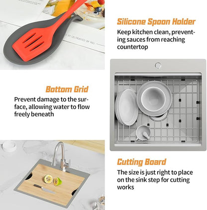Kitchen Sink Workstation, 21x20 In Stainless Steel Drop In Single Bowl Built-in Ledge Small Topmount Workstation Kitchen And Bar Sink With Accessory-SS Grid Cutting Board,Silicon Mat,Drain Assembly