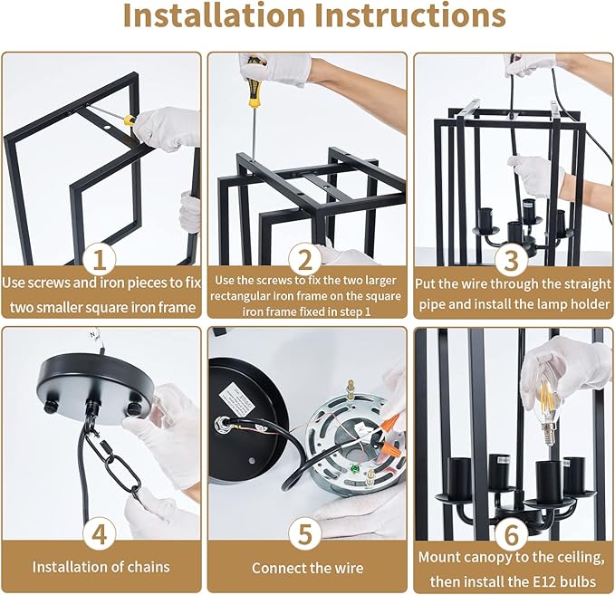 Farmhouse Lantern Chandelier Light Fixture Black, 4-Light Rustic Industrial Pendant Lighting, Adjustable Height Modern Square Cage Hanging Lights for Hallway Kitchen Island Living Room Bedroom