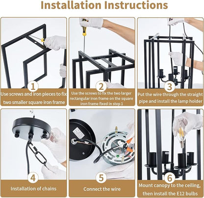 Farmhouse Lantern Chandelier Light Fixture Black, 4-Light Rustic Industrial Pendant Lighting, Adjustable Height Modern Square Cage Hanging Lights for Hallway Kitchen Island Living Room Bedroom