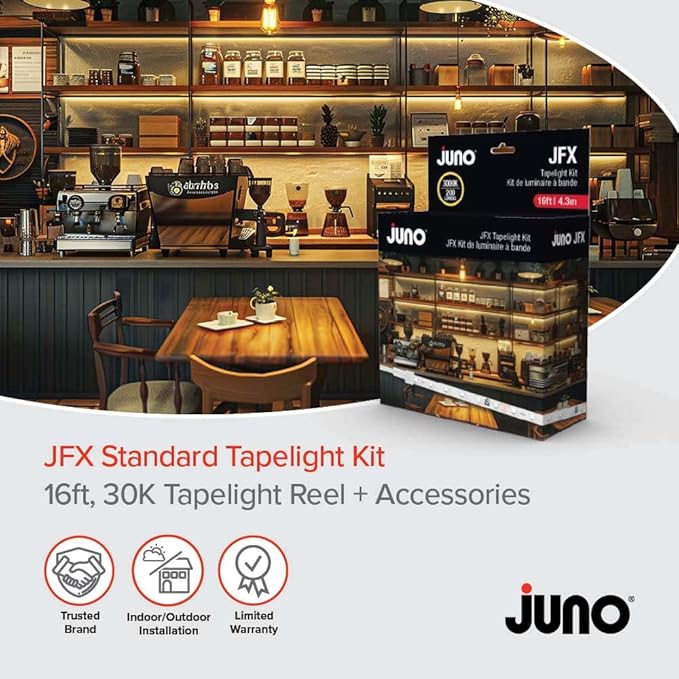 Juno JFX LED Tapelight Starter Kit, 16 Foot Neutral White LED Strip Light, Flexible Under Shelf LED Lighting with Dimmer, 200 Lumens, Easy Install Plug-in Light Strip for Kitchen or Accent Lighting