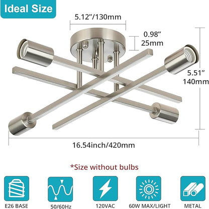 SunRider Industrial 4-Light Semi Flush Mount Ceiling Light Fixture, Brushed Nickel Indoor Farmhouse Lamp, Rustic Sputnik Chandelier for Kitchen, Large
