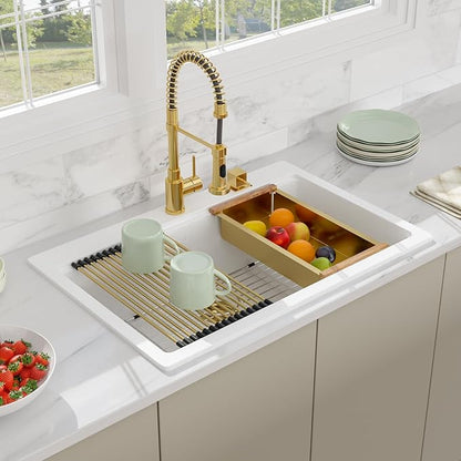 33 Granite Composite Kitchen Sink - Beslend 33x22 Drop In White Kitchen Sink, Topmount Granite Luxury Above Counter Worksation White Sinks Easy Clean Quartz Dish Basin for Kitchen Remodel