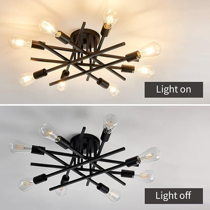 ASGYISA 8-Lights Semi Flush Mount Ceiling Light Fixture，Modern Black Vintage Metal Sputnik Chandelier， Ceiling Lamp for Bedroom Kitchen Dining Room Living Room with E26 Bulb Base