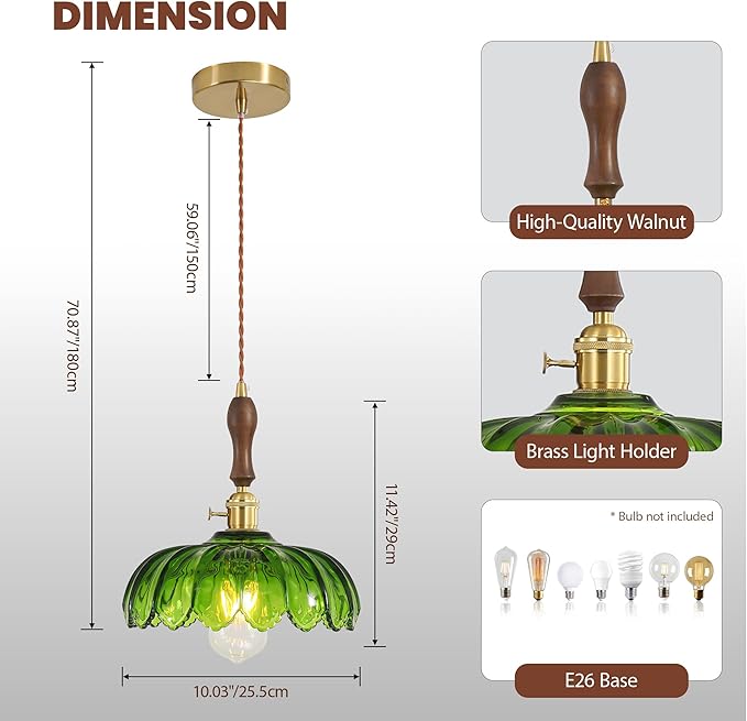 Glass Pendant Lights Kitchen Island, Green Glass Pendant Light, Vintage Pendant Light Fixtures, Hanging Lights Fixture for Kitchen Island Entryway Dining Room Bedroom Hallway
