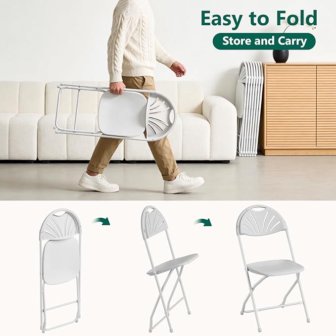 2 Pack White Plastic Folding Chairs, Outdoor Portable Folding Chair with Steel Frame, 400lbs Capacity Stackable Foldable Chairs for Patio, Garden, Picnic, Kitchen, Events