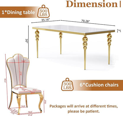 Luxurious 7 Piece Dining Table Set, 70 Inch White Glass Kitchen Table and 6 White Petal Back Chairs with Gold Stainless Steel Legs, for Dining Room, Living Room, Restaurant