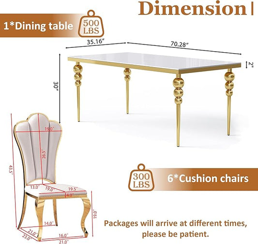 Luxurious 7 Piece Dining Table Set, 70 Inch White Glass Kitchen Table and 6 White Petal Back Chairs with Gold Stainless Steel Legs, for Dining Room, Living Room, Restaurant