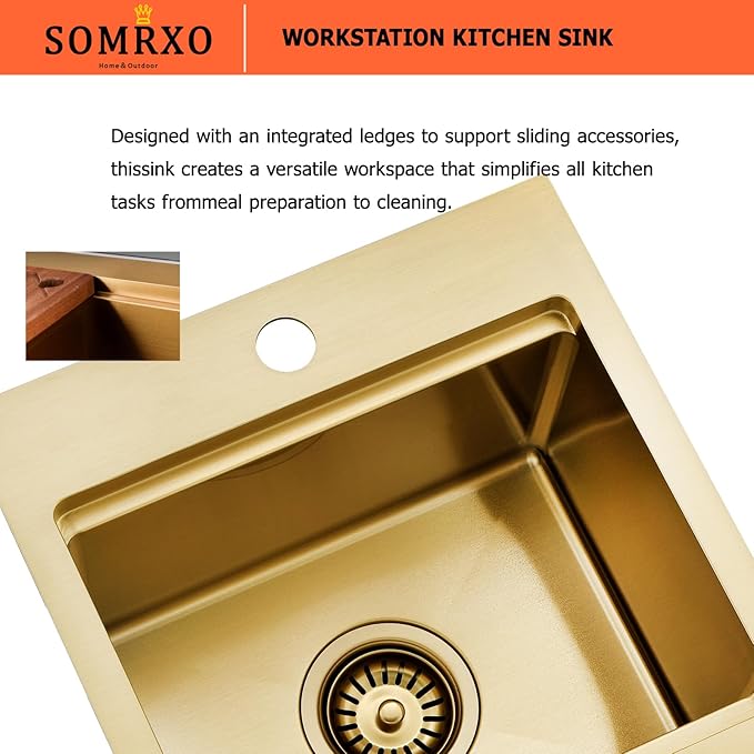 15x15 Inch Gold Drop In Bar Sink Workstation - 16 Gauge Stainless Steel Single Bowl, Small Kitchen Sink for RV, Wet Bar, Outdoor Kitchen & Prep Workstation