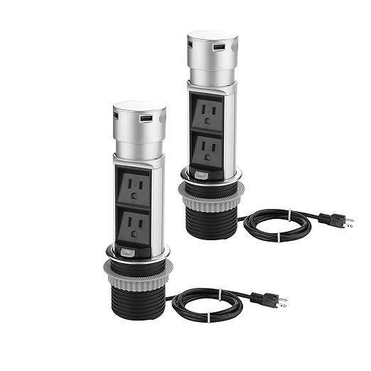 Link2Home 2 Pack Space Saver Pop Up Outlet Station with USB, 2 Power Outlets 15A, 2 USB Ports 2.4A Fast Charge Splash Resistant, Stainless-Steel Finish, for Kitchen Island, Office Table and Workshop