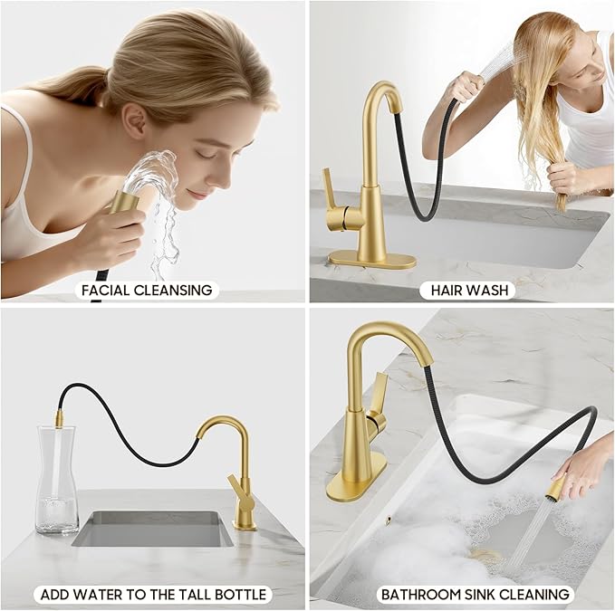 Phiestina Brushed Gold Tall Bathroom Sink Faucet with Pull Down Sprayer, High Arc Single Handle Pull Out Faucet with Pop-Up Drain, 1 or 3 Hole Laundry Bar Basin Faucet with Deck Plate,WE10CL-ZY-BG