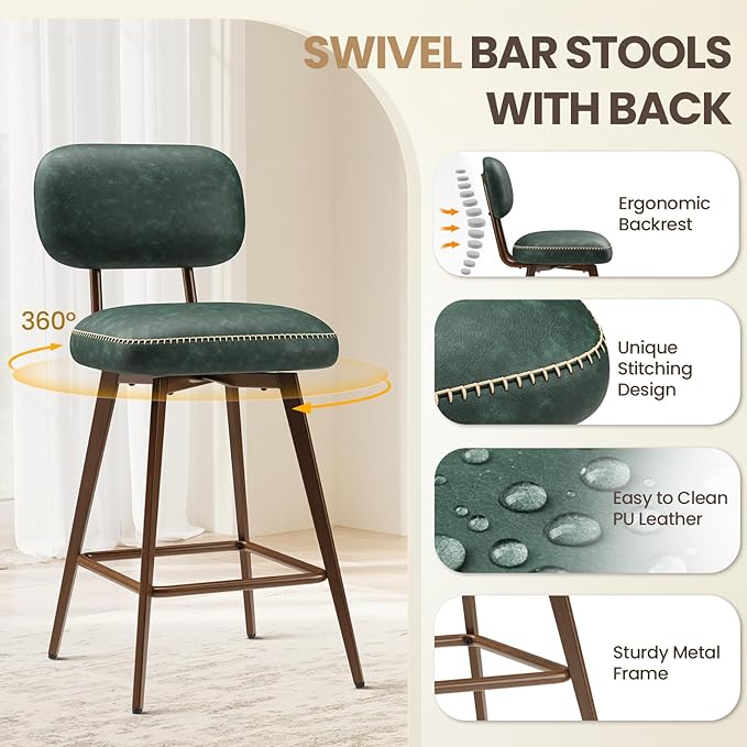 MALOL 26“ Swivel Bar Stools Set of 3, Mid Century PU Leather Counter Height Bar Chairs with Low Back and Metal Legs, Modern Bar Stool Chair for Kitchen Island, Green