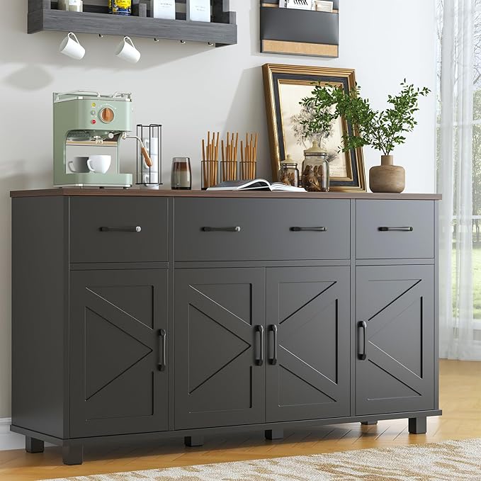 VVFLU 55" Sideboard Buffet Cabinet with Storage, Coffee Bar Cabinet with 3 Drawers and 4 Barn Doors, Long Storage Cabinet Modern Farmhouse, Black Wood, for Kitchen, Dining Room, Living Room