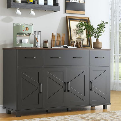 VVFLU 55" Sideboard Buffet Cabinet with Storage, Coffee Bar Cabinet with 3 Drawers and 4 Barn Doors, Long Storage Cabinet Modern Farmhouse, Black Wood, for Kitchen, Dining Room, Living Room