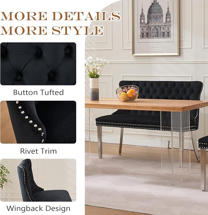 45.6in Upholstered Dining Bench, Mid-Century Modern Kitchen Room Bench with Tufted Back and Metal Legs, Velvet Small Sofa Couch Bench, Black