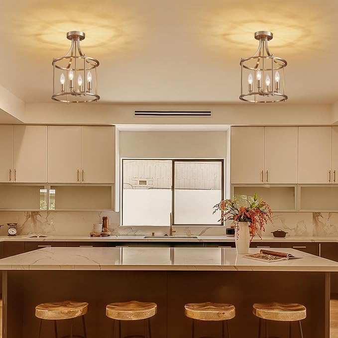 XINGQI Brushed Nickel Semi Flush Mount Ceiling Light Fixture Modern 4 Light Round Small Mini Chandelier Cage Ceiling Lights for Entryway Foyer Hallway 12" Geometric Dining Room Chandelier
