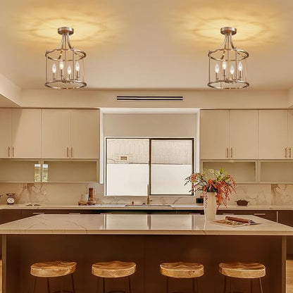 XINGQI Brushed Nickel Semi Flush Mount Ceiling Light Fixture Modern 4 Light Round Small Mini Chandelier Cage Ceiling Lights for Entryway Foyer Hallway 12" Geometric Dining Room Chandelier