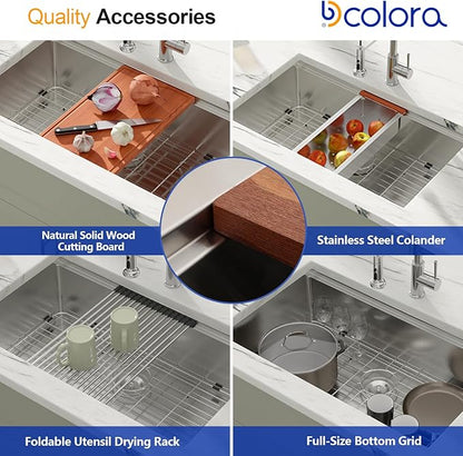 Dcolora 33 in. Undermount Single Bowl Workstation Stainless Steel Kitchen Sink 16 Gauge 304 Handmade Welding with Accessories, Round Corner 33"x19"x10" #DC-U7701