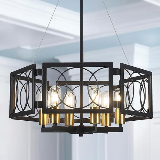 Modern Farmhouse Chandelier- 22.8" Large Pendant Light Fixture Vintage Industrial Metal Light for Dining Room Living Room Kitchen Island Foyer (Black Gold, 6 Lights)