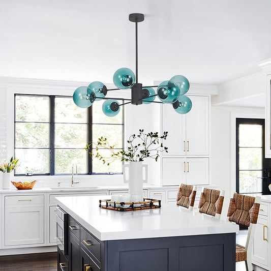 BOKT Mid Century Modern 8 Lights Globe Sputnik Chandelier Matte Black Blue Glass Ball Chandelier Large Globe Flush Mount Ceiling Light Kitchen Island Dining Room Pendant Light Fixture