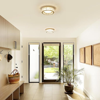 Dimmable Modern Luxury Crystal LED Flush Mount Ceiling Light,11 Inch 24W/5CCT 3000K-6000K Gold Close to Ceiling Light Fixture r for Kitchen,Entryway,Laundry Room,Porch