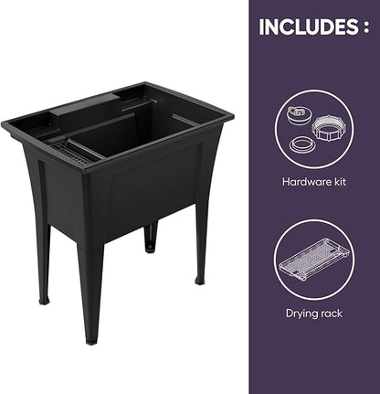 32” Utility Sinks for Laundry Room, Garage, Garden, Basement – Noah William Home Indoor and Outdoor Polypropylene Basement Wash Tub - No Faucet Included (Black)