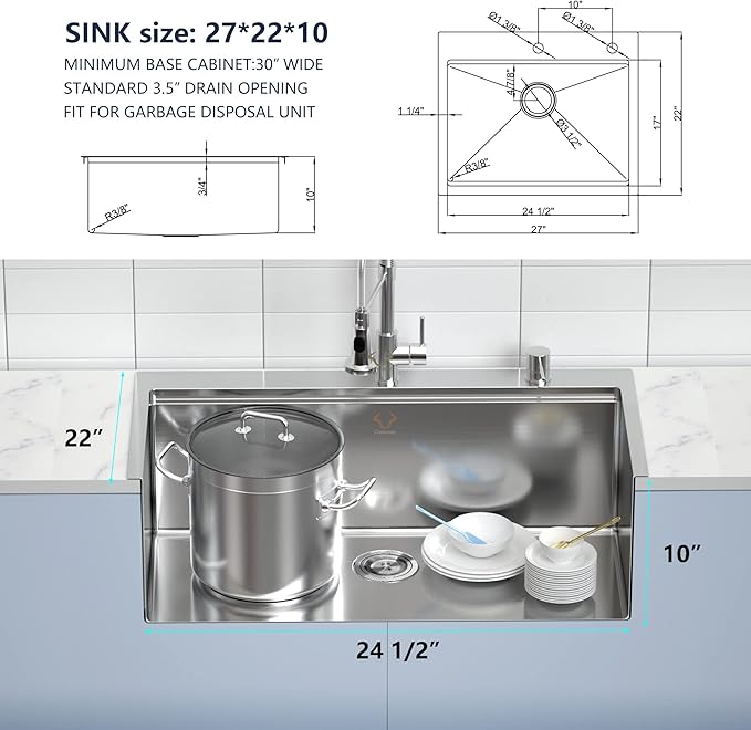 27 Inch Workstation Kitchen Sink 16 Gauge Stainless Steel Drop-In Topmount Single Bowl Kitchen Sink (27"X22"X10")