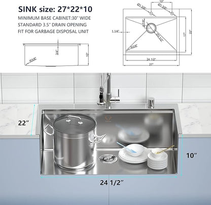 27 Inch Workstation Kitchen Sink 16 Gauge Stainless Steel Drop-In Topmount Single Bowl Kitchen Sink (27"X22"X10")
