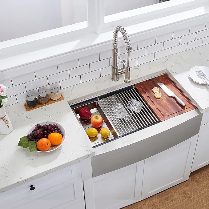 VAPSINT 33 Inch Farmhouse Kitchen Sink, 33x20x9 Inches Stainless Steel Undermount 16 Gauge Deep Single Bowl Apron Front Workstation Ledge Farm Sink with Accessories