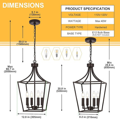 4-Light Farmhouse Lantern Chandelier, Height Adjustable Pendant Light Fixture Hanging Kitchen Lighting for Foyer Dining Room Over Table, E12 Bulb Base & Oil Rubbed Bronze