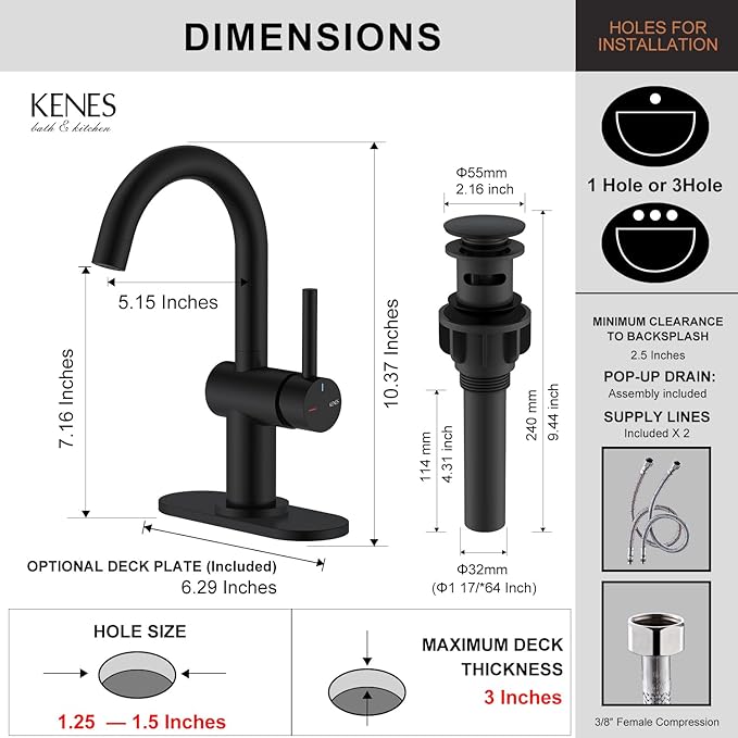 KENES Matte Black Bathroom Sink Faucet, Bathroom Faucets Single Handle Modern Prep Wet Bar Sink Faucets with Drain Assembly & Deck Plate, Farmhouse RV Camper Outdoor Utility Faucet, KE-9005B-2