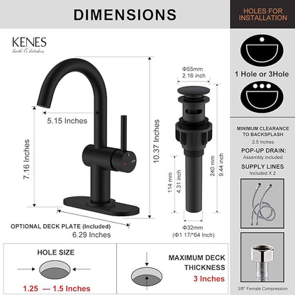 KENES Matte Black Bathroom Sink Faucet, Bathroom Faucets Single Handle Modern Prep Wet Bar Sink Faucets with Drain Assembly & Deck Plate, Farmhouse RV Camper Outdoor Utility Faucet, KE-9005B-2