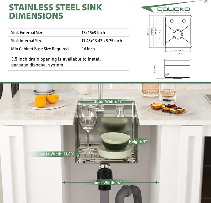 13x15 Inch Outdoor Sink Undermount RV Sink Workstation 16 Gauge Stainless Steel Single Bowl Handmade Concealed Outdoor Kitchen Sinks With Folding Faucet 13"x15"x9"