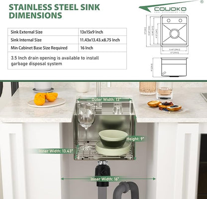13x15 Inch Outdoor Sink Undermount RV Sink Workstation 16 Gauge Stainless Steel Single Bowl Handmade Concealed Outdoor Kitchen Sinks With Folding Faucet 13"x15"x9"