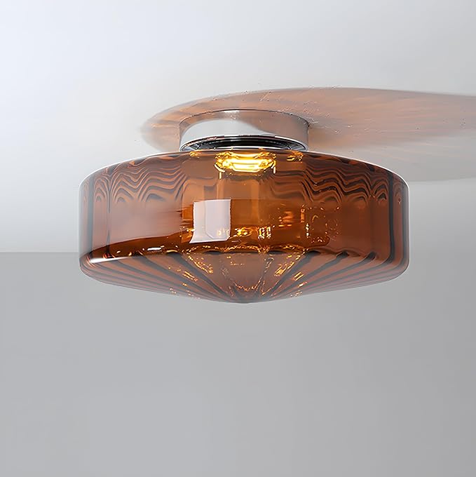 Bofea-Semi Flush Mount Ceiling Light with Water Ripple Glass Shade,Mid Century Modern Amber Glass Overhead Lights,Hallway Lighting,Vintage Close to Ceiling Light Fixtures for Kitchen Entryway.