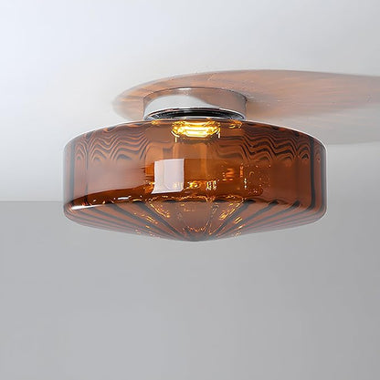 Bofea-Semi Flush Mount Ceiling Light with Water Ripple Glass Shade,Mid Century Modern Amber Glass Overhead Lights,Hallway Lighting,Vintage Close to Ceiling Light Fixtures for Kitchen Entryway.