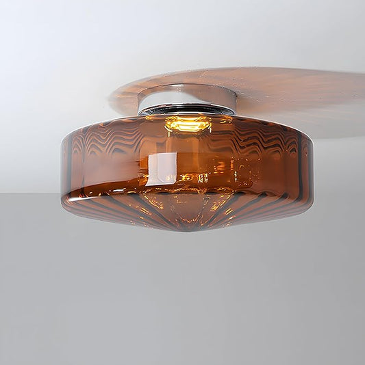 Bofea-Semi Flush Mount Ceiling Light with Water Ripple Glass Shade,Mid Century Modern Amber Glass Overhead Lights,Hallway Lighting,Vintage Close to Ceiling Light Fixtures for Kitchen Entryway.