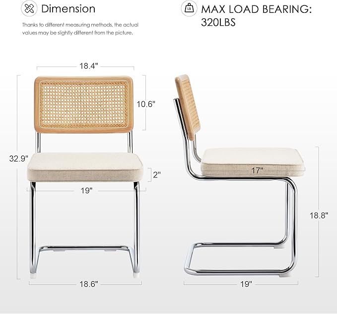 Zesthouse Natural Rattan Dining Chairs Set of 2, Mid Century Modern Dining Chairs with Solid Wood Back & Chrome Base, for Kitchen Living Room, Breuer Design Inspired, Upholstered Linen Fabric, Beige