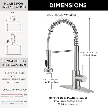 FORIOUS LED Kitchen Sink Faucet, Stainless Steel Brushed Nickel Kitchen Faucet with LED Light Sprayer, Commercial Transitional Single Handle Spring Faucet for Kitchen Sink, Bar & Prep Sinks, RV Camper