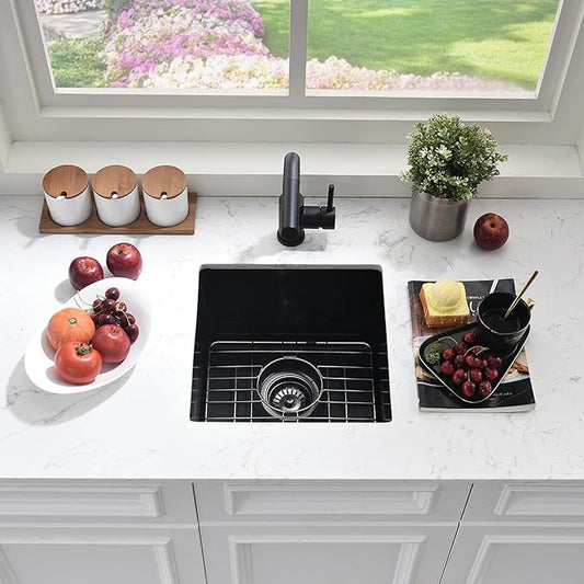 Black Bar Sink Undermount,16x16 Inch Small Wet Bar Sink Granite Composite Single Bowl Quartz Outdoor Rv Sink for Home Kitchen, Sink with Faucet Combo