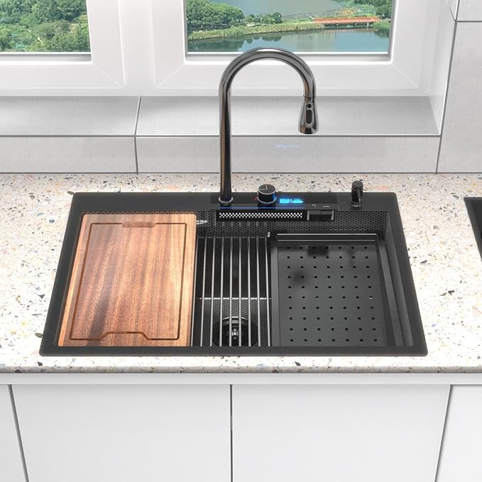 30inch Drop In Waterfall Kitchen Sink Metal Black -Feibus 30x22x10 Sink with Faucet Combo Double Step Workstation 16 Gauge Multifunctional Stainless Steel Single Bowl