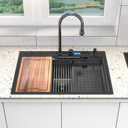 30inch Drop In Waterfall Kitchen Sink Metal Black -Feibus 30x22x10 Sink with Faucet Combo Double Step Workstation 16 Gauge Multifunctional Stainless Steel Single Bowl