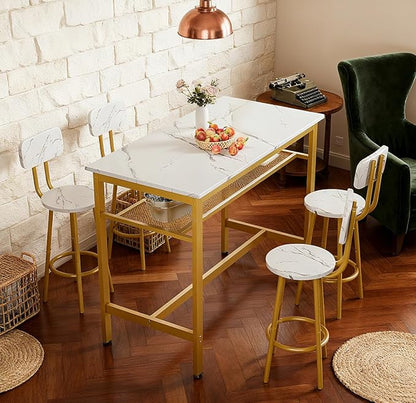 5 Piece Bar Table Set with 4 Stool Modern Bar Height with Storage Shelves Faux Marble Table Top with Gold Metal Frame Bar Table Set for Kitchen Dining Room Small Space