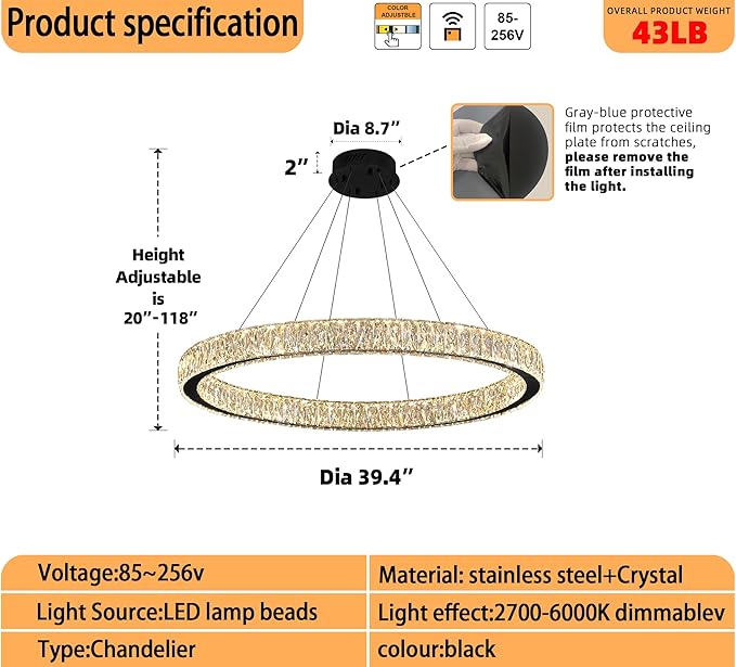 39.4in Large Ring Chandelier for Living Room Modern LED Black Crystal Chandelier for Dining Room Dimmable 2700K-6000K