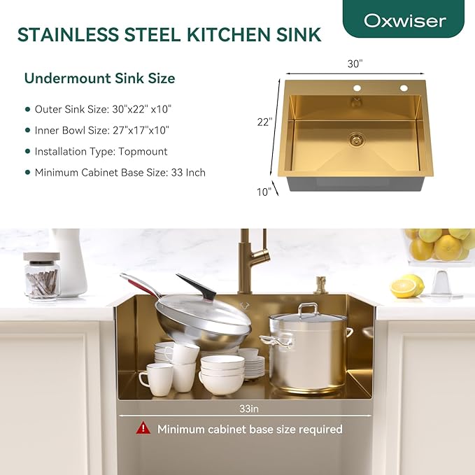 Drop In Kitchen Sink 30 Inch Gold Top Mount Sink 16 Gauge Stainless Steel 2-Hole Deep Single Bowl Kitchen Sinks 30"X22"X10"