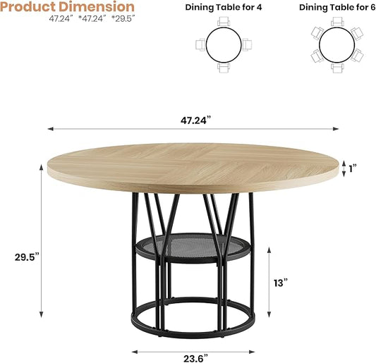 Garvee Round Dinning Table for 4-6 - 47" Circle Dinner Table with Storage Shelf & Sturdy Metal Frame, Modern Breakfast Tea Desk for Kitchen, Living Room, Apartment, Office, Natural