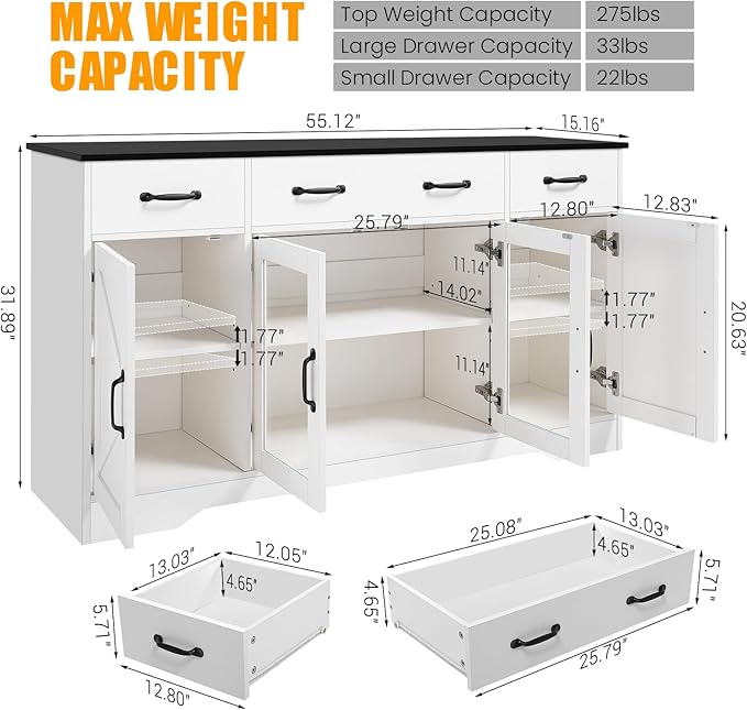 Sideboard Buffet Cabinet with Storage, 55" Large Kitchen Buffet Table with Glass Doors and Shelves, Modern Farmhouse Coffee Bar Cabinet for Kitchen Dining Living Room