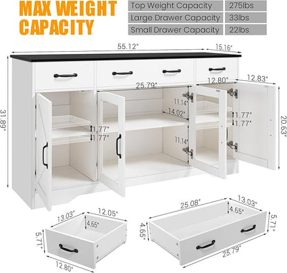 Sideboard Buffet Cabinet with Storage, 55" Large Kitchen Buffet Table with Glass Doors and Shelves, Modern Farmhouse Coffee Bar Cabinet for Kitchen Dining Living Room