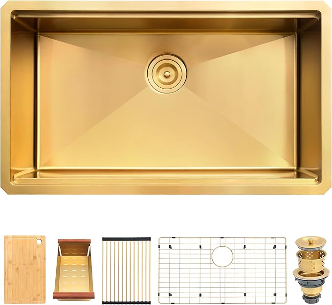Kitsitchen Gold Kitchen Sink, 32 Inch Gold Undermount Kitchen Sink, 16 Gauge Stainless Steel Undermount Kitchen Sink,10 Inch Deep Single Bowl Kitchen Sinks with Practical Accessories, R10 Round Corner