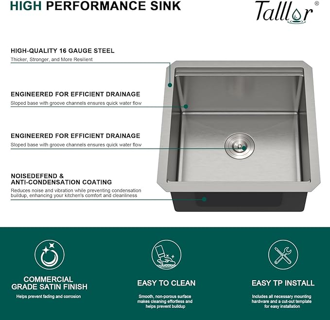 17x17 Undermount Bar Sink - Workstation 16 Gauge 304 Stainless Steel Single Bowl Wet Prep Sink with Cutting Board for Kitchen Bar, RV, and Boat #TLU-0021