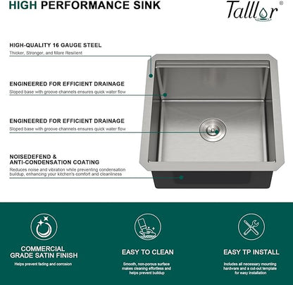 17x17 Undermount Bar Sink - Workstation 16 Gauge 304 Stainless Steel Single Bowl Wet Prep Sink with Cutting Board for Kitchen Bar, RV, and Boat #TLU-0021